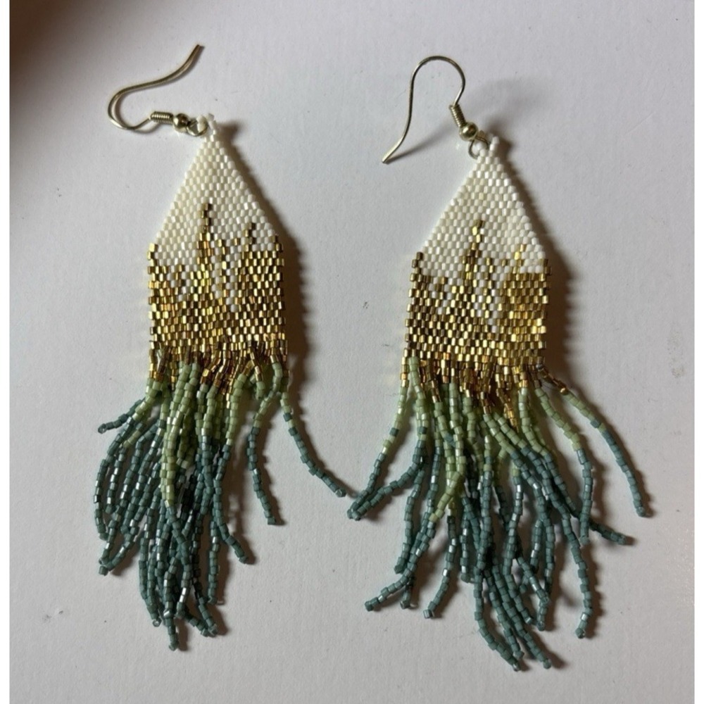 Boho Native Style Landscape Sun Seed Bead Beaded Earrings Fringe Tassel Long RC7